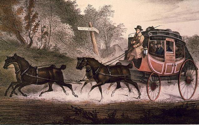 Illustration of a stagecoach being pulled by four galloping horses