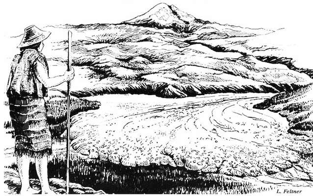 A drawing depicts a figure in Native American clothing observing a lahar spreading across a valley floor with Mount Rainier in the background.