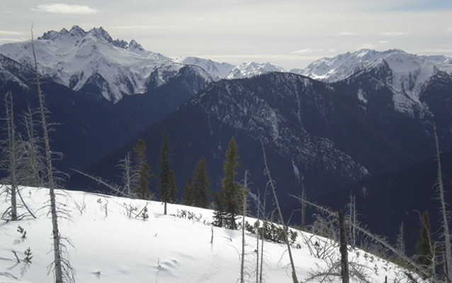 A winter view of the Olympic Mountains.