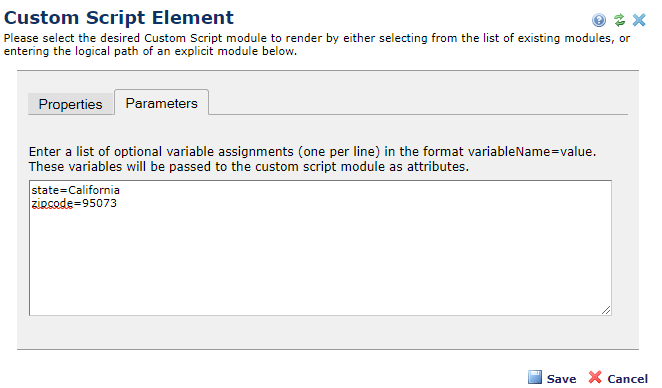 custom script element parameters tab