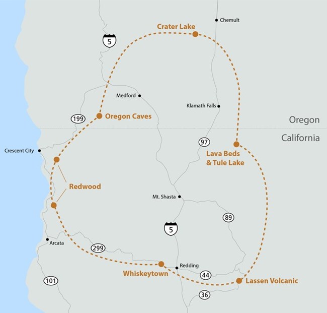 map with major roads of Southern Oregon and Northern California with a dashed circle connecting National Park Sites