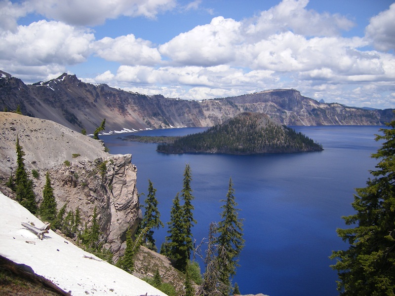 View of Wizard Island from the porch of the Crater Lake Lodge