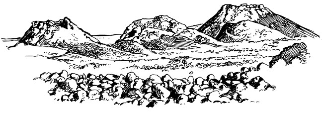 a black and white illustration of three small volcanoes with boulders in front of them