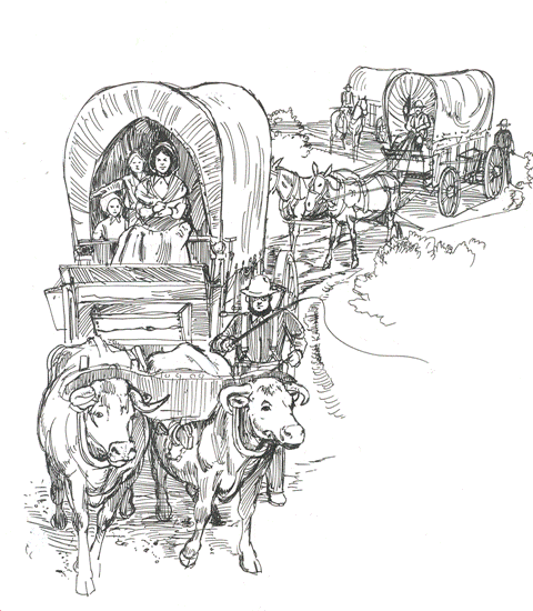illustration of a wagon train featuring three wagons