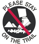 graphic of a boot stepping on rocks with the text "Please Stay on the Trail"