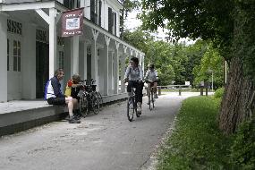 Trail cyclists at Boston Store.