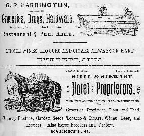 A black and white depiction of horses and hardware for Everett and Peninsula business advertisements.