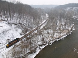 Cuyahoga Valley Scenic Railroad passing through the valley in winter.