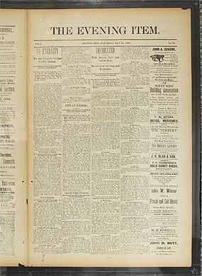 An old newspaper with the title "The Evening Item" at the top.