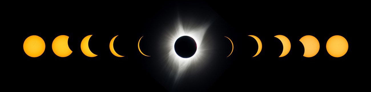 Composite photo of the phases of an eclipse showing the changing shape as the moon passes in front of the sun. Yellow orbs on a black background.