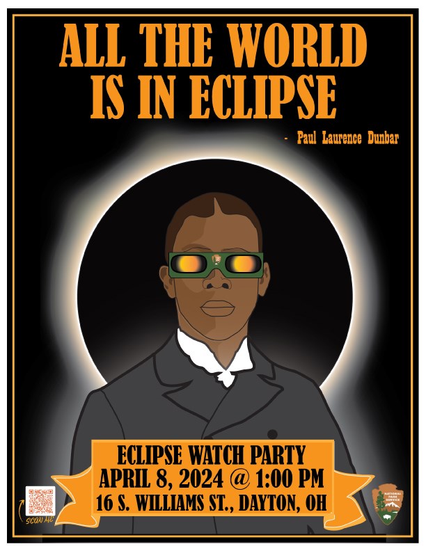 All the World is in Eclipse - Paul Laurence Dunbar in bold above an eclipse with an illustration of Dunbar wearing eclipse glasses and event details below.