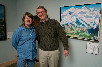 Carol Harding and Kes Woodward in art gallery
