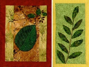 two quilted squares depicting alder and willow leaves