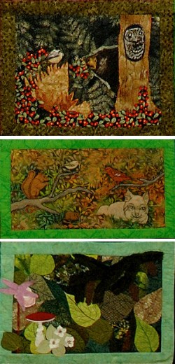 three quilted squares depicting forest life