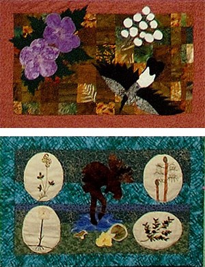 two quilted squares of a bird, flowers, and moose