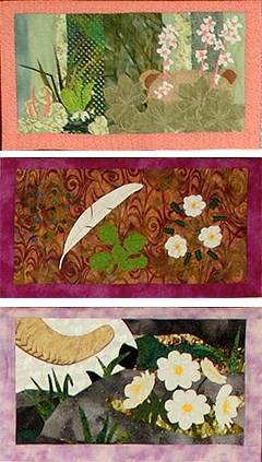 three quilted squares of a bear, Dall sheep, and mountain avens