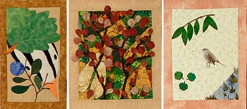 three quilt squares depicting a sparrow's head and aspen leaves