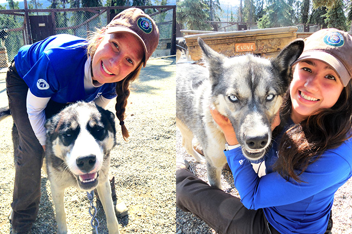 two images of young women and sled dogs