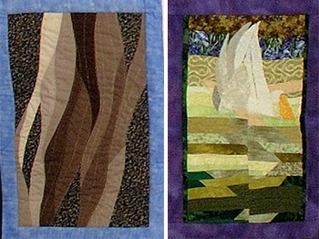 two quilt squares depicting a braided river and a bird flying over green water
