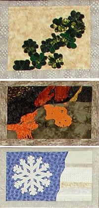 three quilted squares depicting leafy plants, orange lichens, and a snowflake