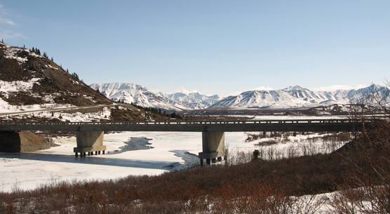 Savage River Bridge in late April, typically snowy