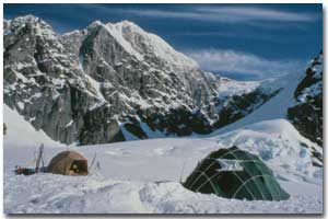Tents on a glacier in the Alaska Range