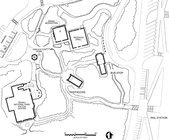 A map of the Denali Visitor Center and surrounding facilities