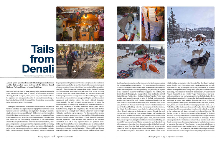 Image of pages 1 and 2 of Mushing Magazine's article on Denali's sled dogs