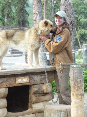 Nuna and a kennels volunteer