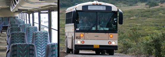 A typical tour bus and close-up of tour bus seats