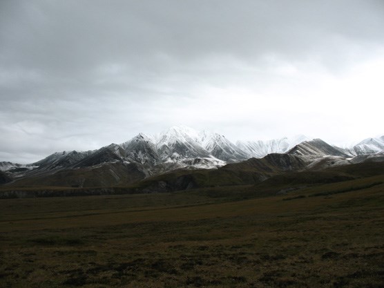 a wide, tree-less plain leading up on the right toward snow-covered mountains, partly hidden by thick clouds