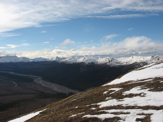 Looking down to the Teklanika River from atop Mt. Wright