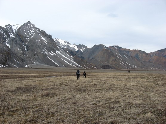three people hiking across a wide, brown plain in front of distant, snow-dotted mountains