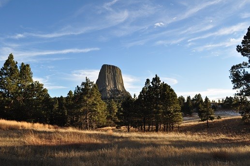 A field and trees with a large rock monolith in the background