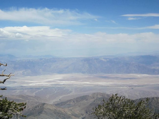 A view of salt flats and mountains from the highest point overlooking Death Valley.