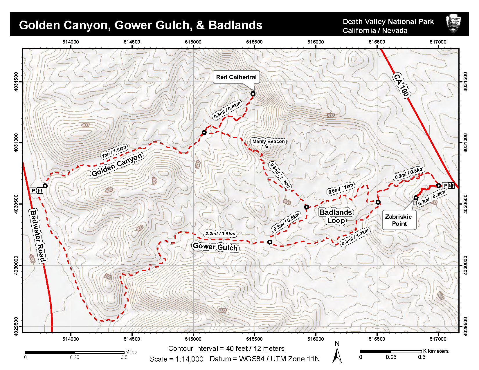 A topographic map showing popular routes in the Golden Canyon area.