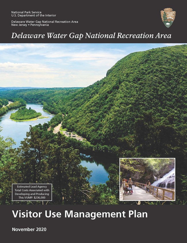 Cover page of the Visitor Use Management Plan. Photo of the Delaware River and Mt. Tammany with a black bar with text above and below the photo.