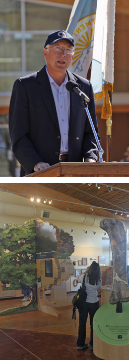 Secretary of the Interior Ken Salazar (top) and view of new Quarry Visitor Center exhibits (bottom).