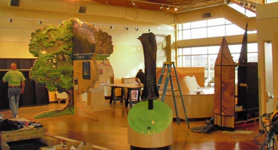 The Quarry Visitor Center during exhibit installation with several of the exhibits already in place.