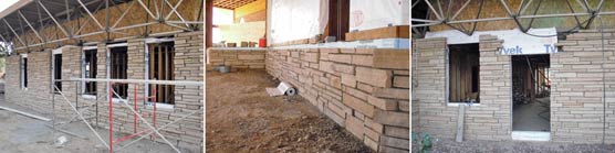 Three views of recently completed stonework at the Quarry Visitor Center. 