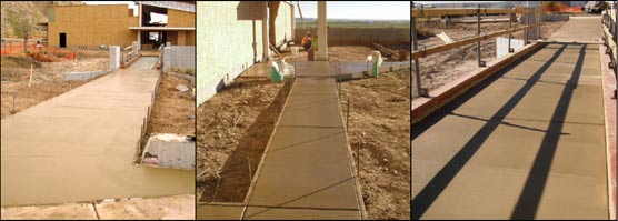 Recently completed concrete work at the Quarry Visitor Center (left to right): sidewalk leading to parking area, walkway on west side of visitor center, and a new concrete deck on the pedestrian bridge between the parking lot and visitor center.