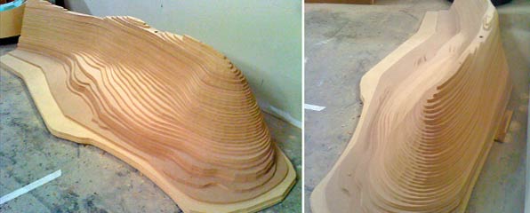 Two photos of a wooden model of Steamboat Rock. 