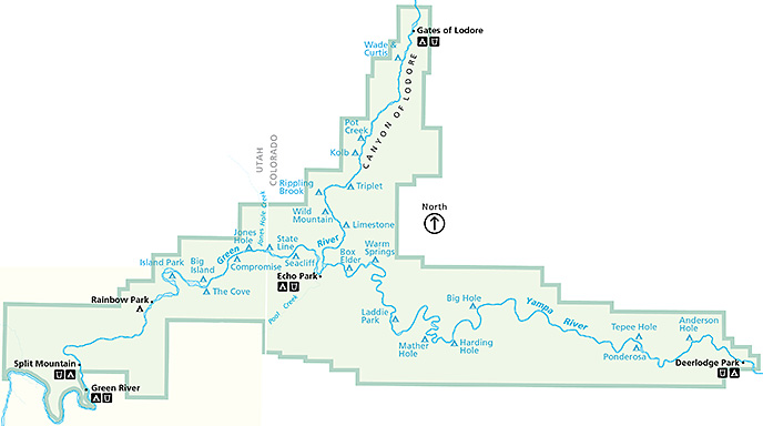 Map of the river campsites in Dinosaur National Monument.
