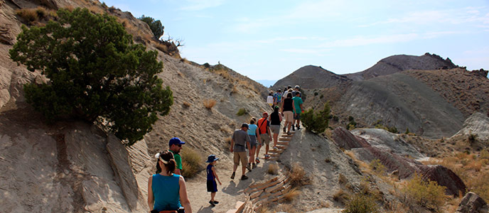 Visitors explore the Fossil Discovery Trail with a park ranger.