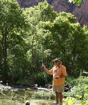 Angler fishes in creek.