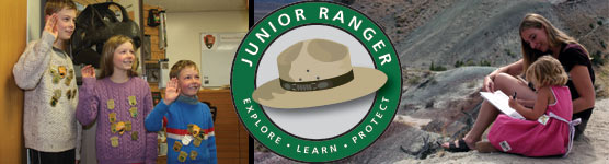 Three youth take the oath to become Junior Rangers and another youth works with her mother to complete her Junior Ranger booklet.