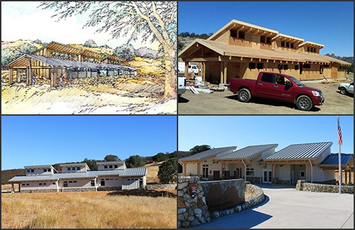 NPS images of Pinnacles West Side Visitor Center: Conceptual Rendering (upper left), Construction (upper right), Exterior Back (lower left), Exterior Front (lower right).