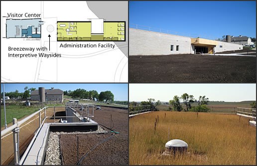 NPS Images of Visitor Center and Administration Facility: Early Concept Floor Plan (upper left), Construction (Historic Spring Hill Ranch in background) (upper right), "Green Roof" before Seeding (Historic Spring Hill Ranch in background) (lower left), "Green Roof" 1st Growing Season (lower right).
