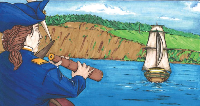 Drawing of Sea Captain with spyglass looking at Ebey's Landing