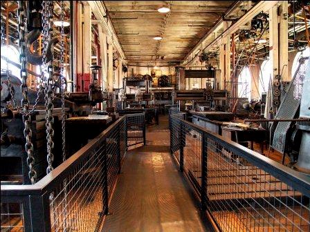 Large belt-driven machine shop that was used by the staff of Thomas Edison.
